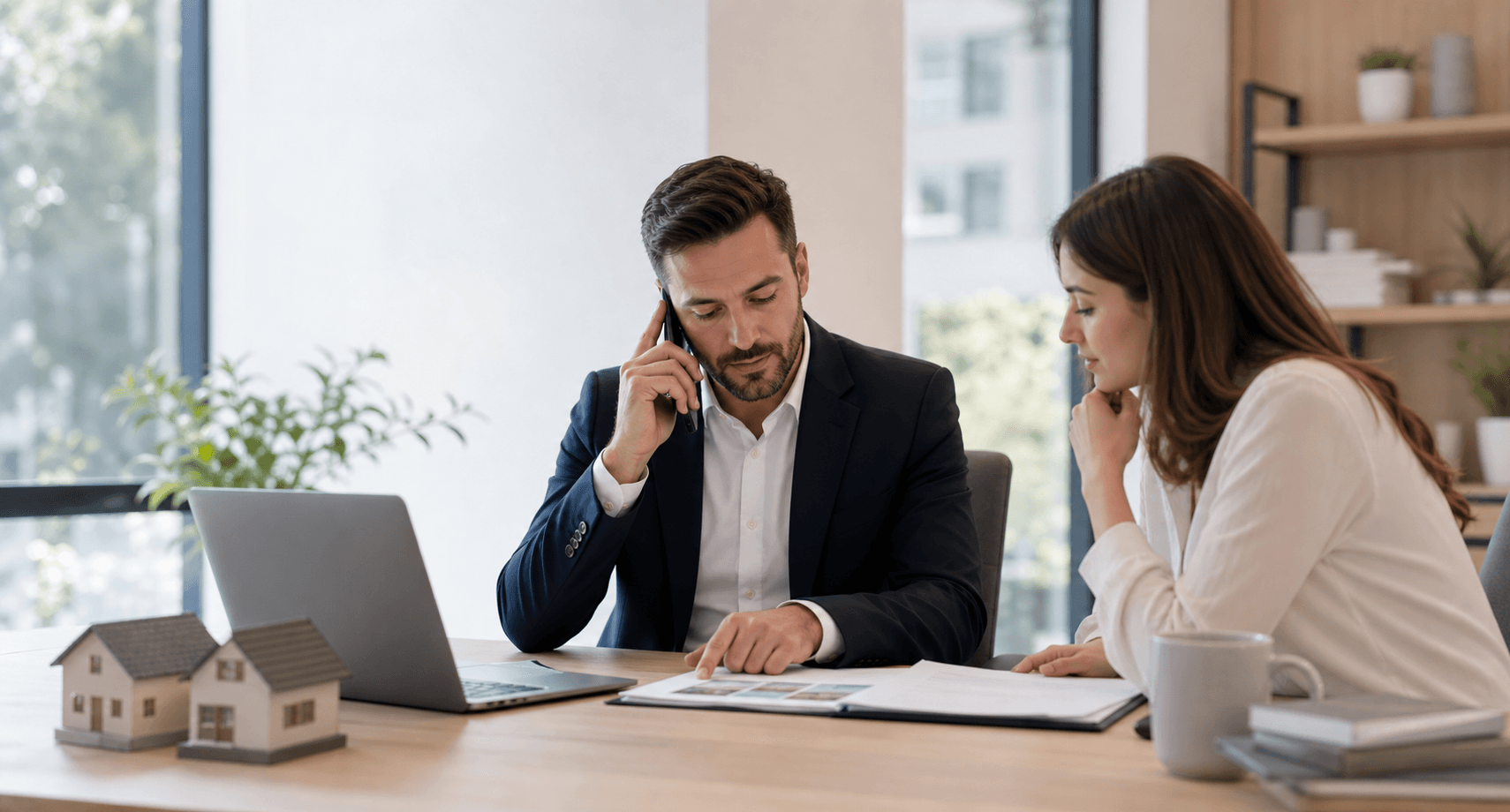 Real estate agent handling a client call in a professional office